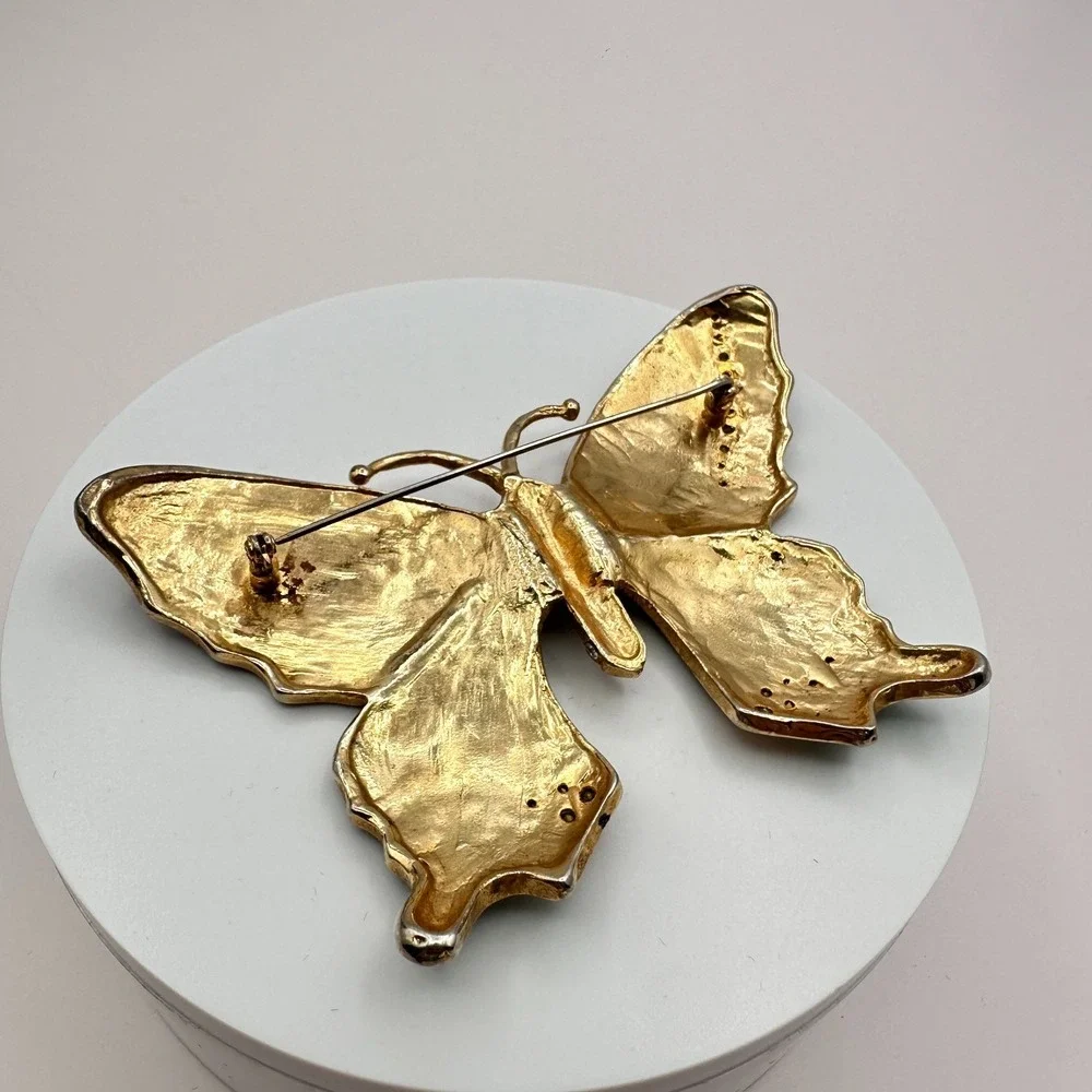Vintage 90s Gold Tone Butterfly Brooch Enamel Glass Boho Jewelry